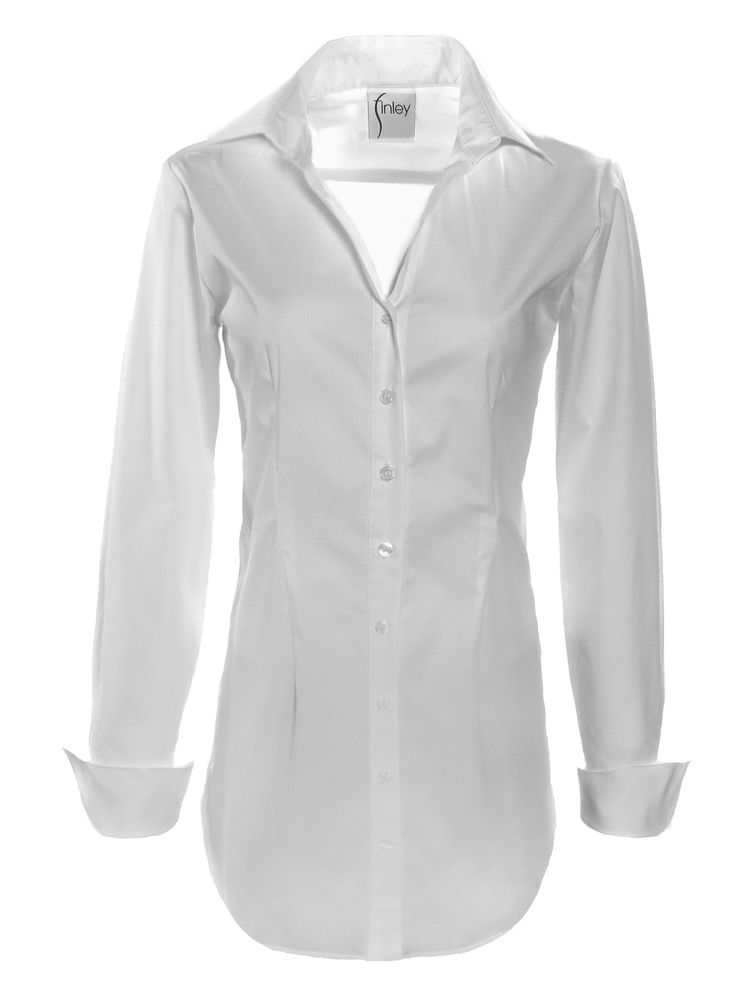 Our "Kaylynn" women's white button down tunic top is crisp and tailored, perfect belted or not. Tunic length shirt with button down front, shirt-tail hem, faux French turn-back cuff 60% Cotton / 35% Polyester / 5% Spandex Semi-fitted shape Hand wash, hang dry, warm iron. Made in USA Style # 1774075 Timeless Business Casual Blouse With Button Closure, Elegant White Blouse With Hidden Buttons, Elegant Button-up Blouse With Hidden Closure, Timeless Office Blouse With Placket, Timeless Button-up Office Tops, Timeless Button-up Blouse For Business Casual, Fitted Collared Timeless Top, White Long Sleeve Blouse With Hidden Button Closure, Classic White Blouse With Hidden Button Closure