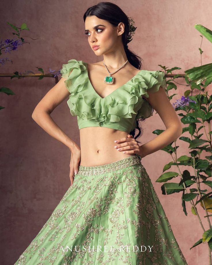 Ruffles Lehenga, Ruffle Blouse Designs, Worked Blouse, Casual Kurti, Skirt And Crop Top, Blouses Designs, Checks Saree, Anushree Reddy, Ethnic Suit