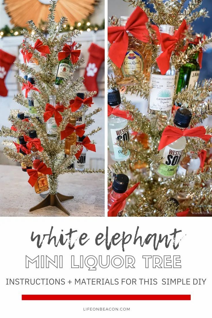 a white elephant mini liquor tree is decorated with red bows and silver tinsels