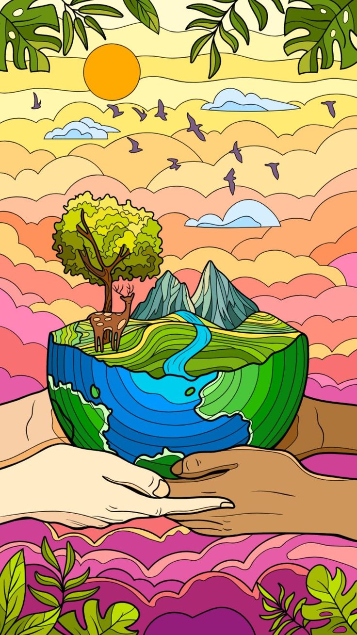 two hands holding an earth with trees and mountains in the background, against a colorful sky