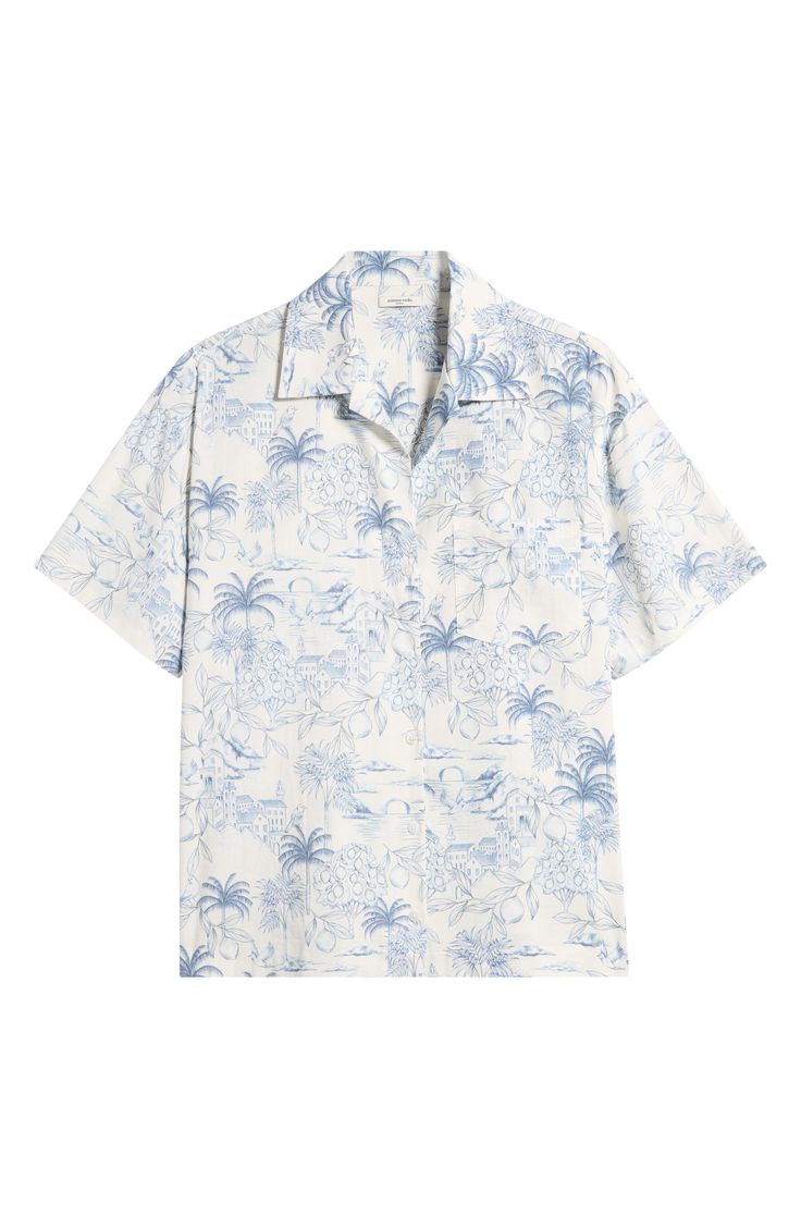 A dreamy palm print brings vacation vibes to this lightweight linen-kissed camp shirt. Front button closure Notched collar Short sleeves Chest pocket 65% cotton, 30% viscose, 5% linen Dry clean Imported Camp Collar Shirt With Floral Print For Beach, Patterned Camp Shirt With Camp Collar For Spring, Patterned Camp Collar Shirt For Spring, White Tropical Camp Shirt With Palm Tree Print, Patterned Tops With Plant Print For Vacation, Patterned Camp Collar Shirt For Beach, Summer Camp Shirt With Hibiscus Print For Vacation, Relaxed Fit Printed Shirt For Vacation, Printed Relaxed Fit Hawaiian Shirt For Beach Season