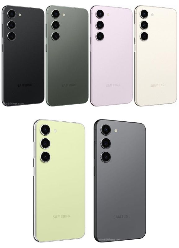 four different colors of the back and front sides of an samsung phone, with one side facing