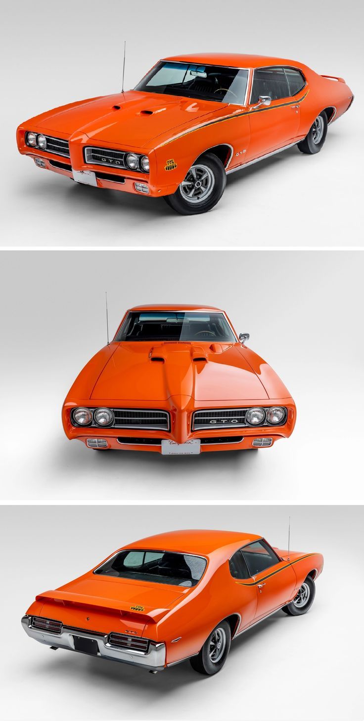 an orange muscle car is shown in three different angles, with the front and back views showing