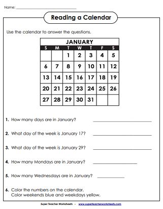 a calendar worksheet to help students learn how to use it