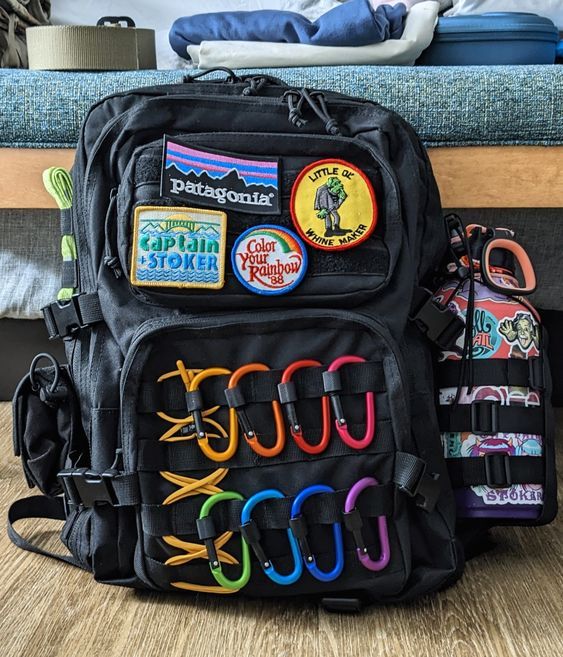 the back pack has many different items on it