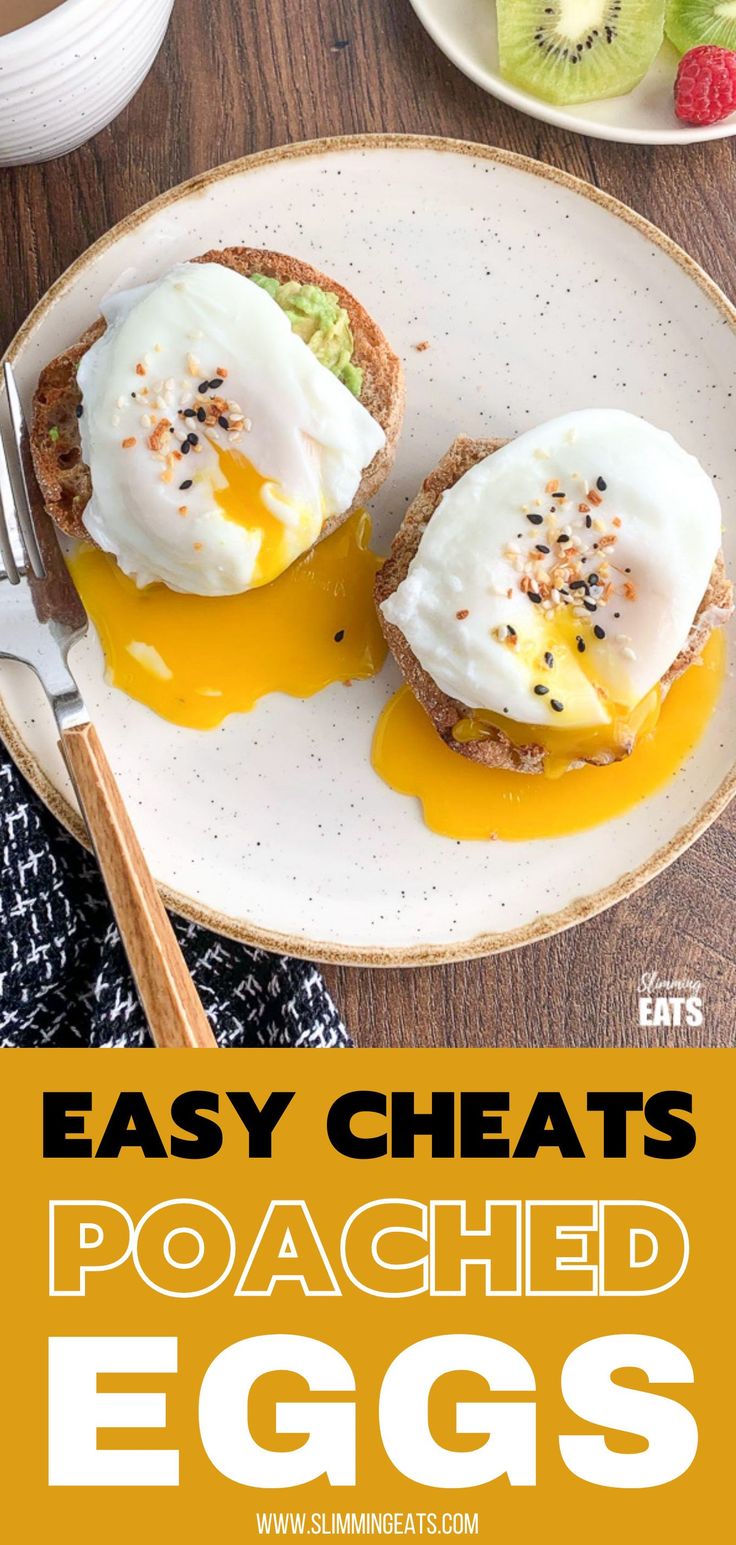 an egg and cheese sandwich is on a plate with the words easy cheesy poached eggs