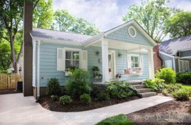 a small blue house with white trim