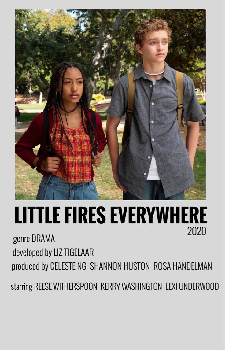 two young people standing next to each other in front of trees and the words little fires everywhere