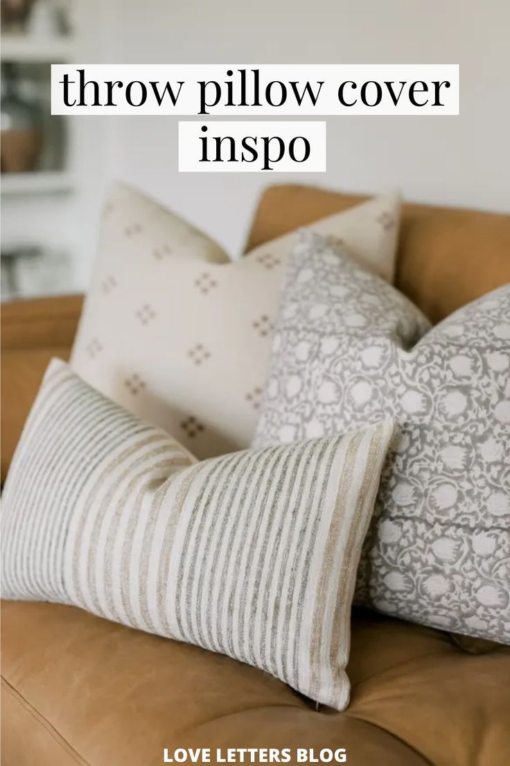 pillows on a couch with the words throw pillow cover inspo above them and below it