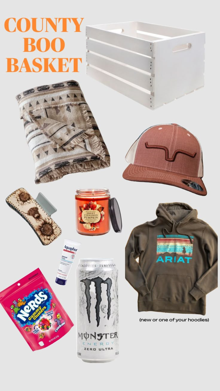 various items are arranged in the shape of a box and include hats, cookies, candy bars, t - shirts, and more