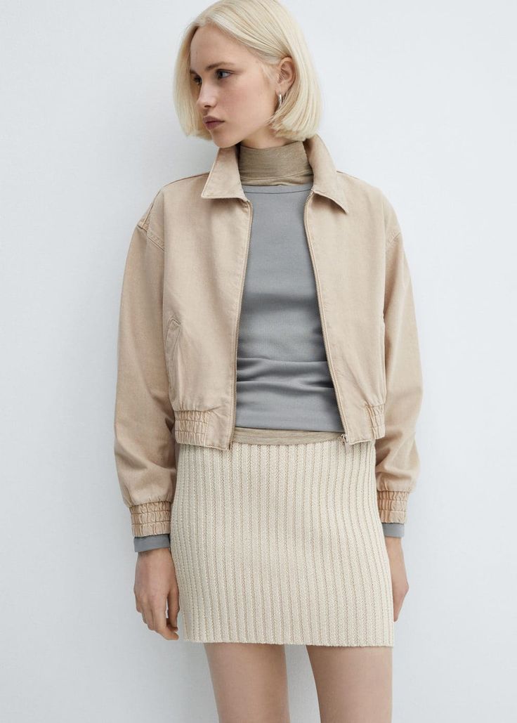 Denim bomber jacket -  Women | Mango USA Demin Jacket, Denim Outfits, Cream Jacket, Beige Outfit, Fashion Forecasting, Minimalist Silhouette, Beige Jacket, Mango Outlet, Denim Style