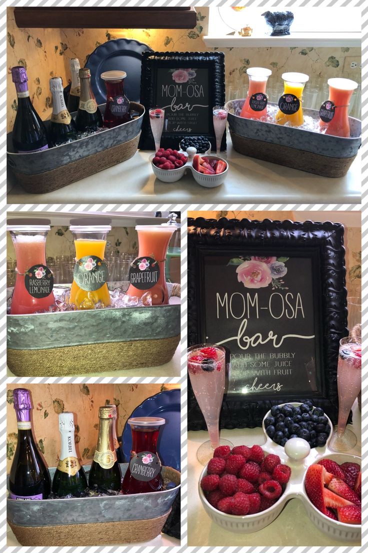 a collage of photos showing different types of food and drinks on display in front of a sign that says mom - osa bar