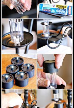 the process for making an old fashioned coffee maker is shown in four different pictures, including one