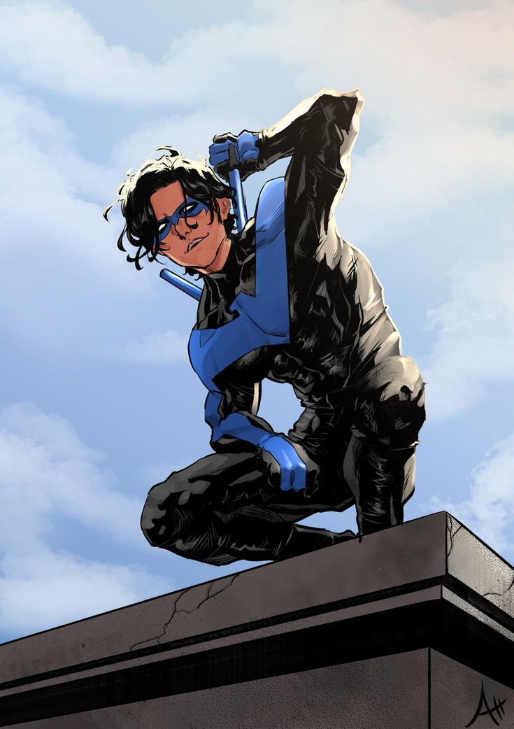 a man dressed in black and blue standing on top of a building