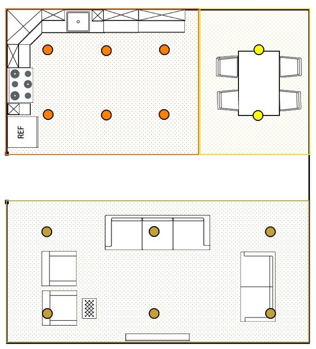 the floor plan for a kitchen and living room, with an overhead view of the dining area