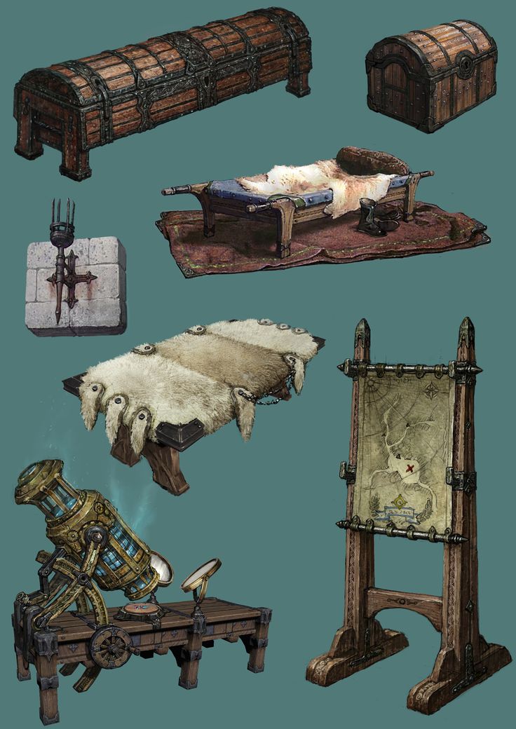 several different types of furniture are shown in this image, including a bed and other items