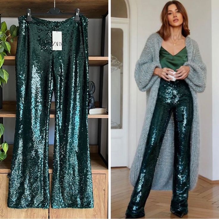 Zara Green Sequin Pants Size Xs. Sold Out! Limited Edition Zara Sequin Pants, Green Sequin Pants, Green Sequin Pants Outfit, Evening Green Trousers, High Waist Green Bottoms For Evening, Green Long Pants For Evening, Green Evening Trousers, Green Wide-leg Pants For Night Out, Glitter Pants Outfit Night Out