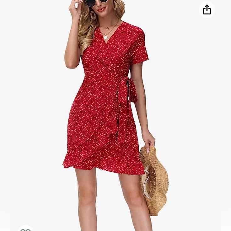 Red V-Neck Wrap Mini Dress With White Polka Dots From Amazon. Red V-neck Mini Dress For Summer, Red Surplice Neckline Dress For Summer, Red Surplice Neckline Summer Dress, Red V-neck Dress For Day Out, Chic Red Mini Dress With Surplice Neckline, Red V-neck Mini Dress For Day Out, Red Short Sleeve Mini Dress For Day Out, Red Mini Dress With Short Sleeves For Day Out, Red Surplice Neckline Dress For Brunch