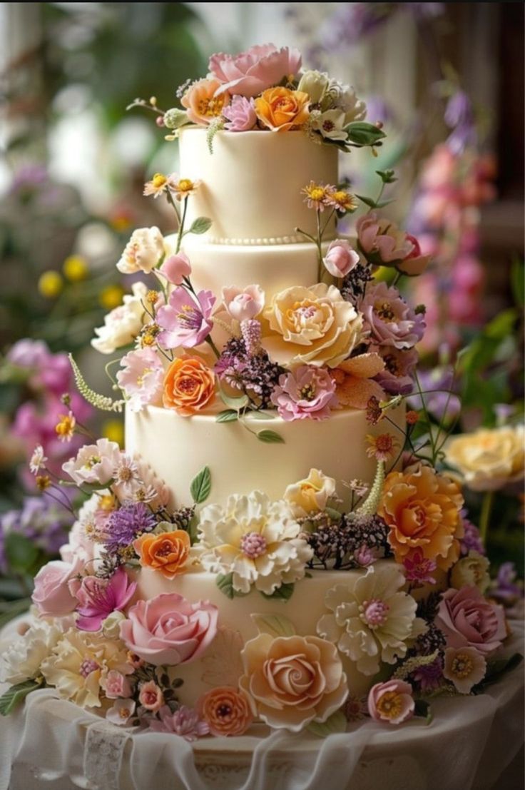 a three tiered wedding cake with flowers on it