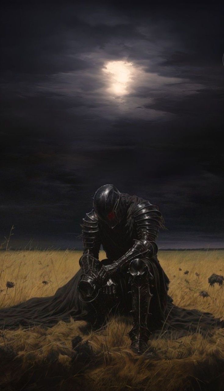 a man sitting in the middle of a field under a full moon with his hands on his knees