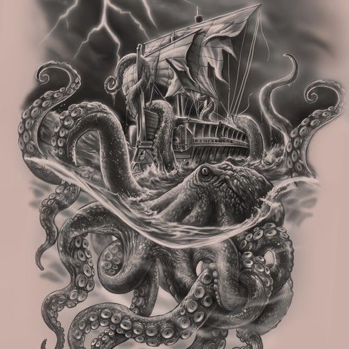 an octopus and ship tattoo design