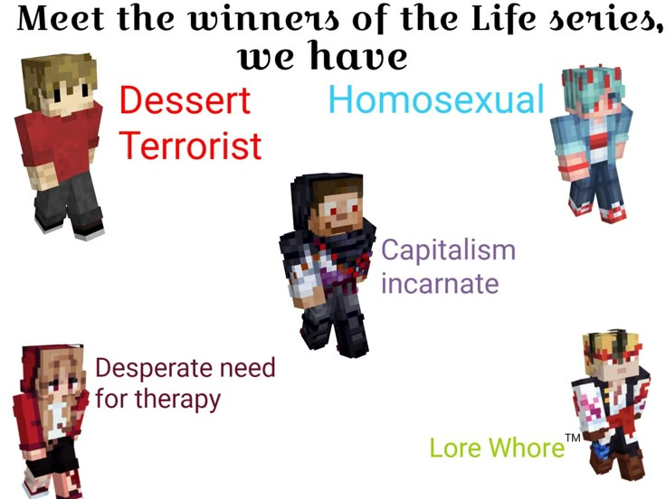 four different types of people in minecraft with the words, meet the winners of the life series, we have