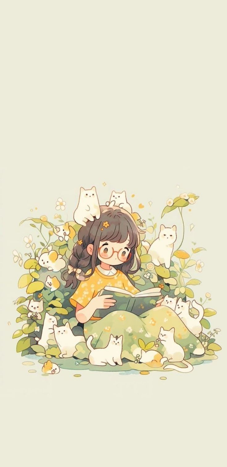 a girl reading a book while surrounded by kittens and flowers in the grass with her eyes closed