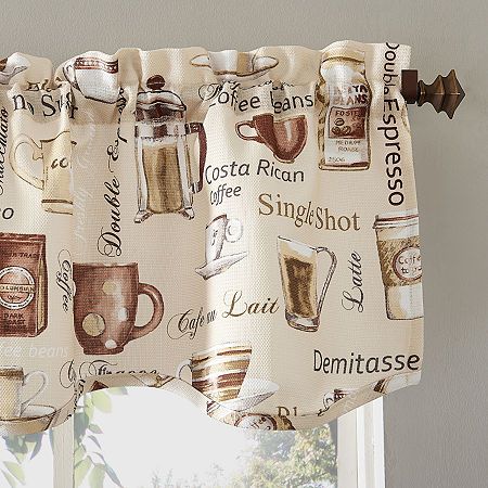 a window curtain with coffee related items on it