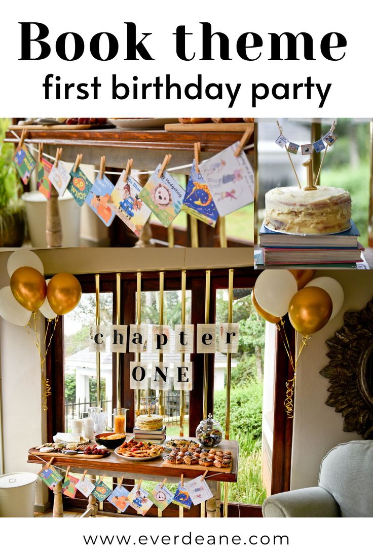 a book themed first birthday party with lots of books on the table and balloons in the air