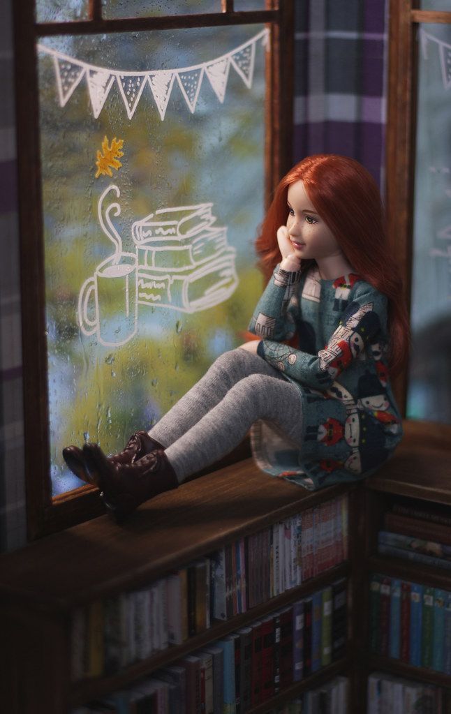 a doll sitting on top of a window sill next to a bookshelf