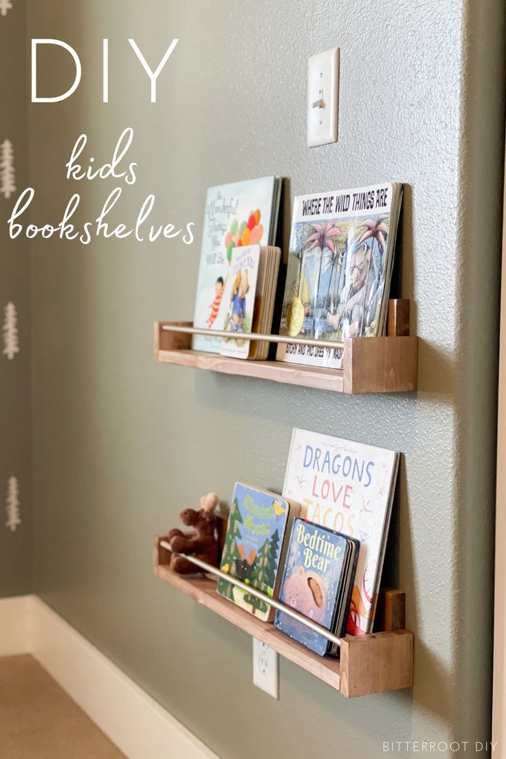 two bookshelves are holding children's books on the wall