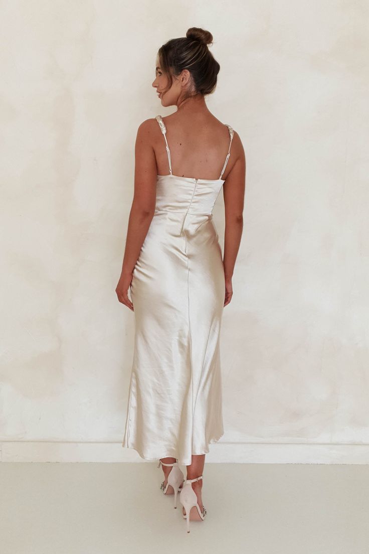 Bethanie Soft Satin Maxi Dress | Champagne – Oh Hello Clothing Satin V-neck Slip Dress With Ruched Detail, Satin Maxi-length Slip Dress For Date Night, Satin Maxi Length Slip Dress For Date Night, Satin Slip Dress For Date Night, Maxi Length, Satin Floor-length Slip Dress For Date Night, Floor-length Satin Slip Dress For Date Night, Date Night Satin Slip Dress With Ruched Bodice, Satin V-neck Maxi Dress For Brunch, Satin Dresses With Spaghetti Straps For Brunch