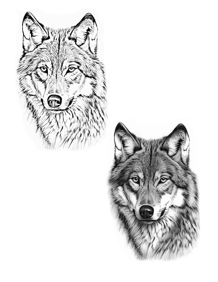 two wolfs are shown in black and white