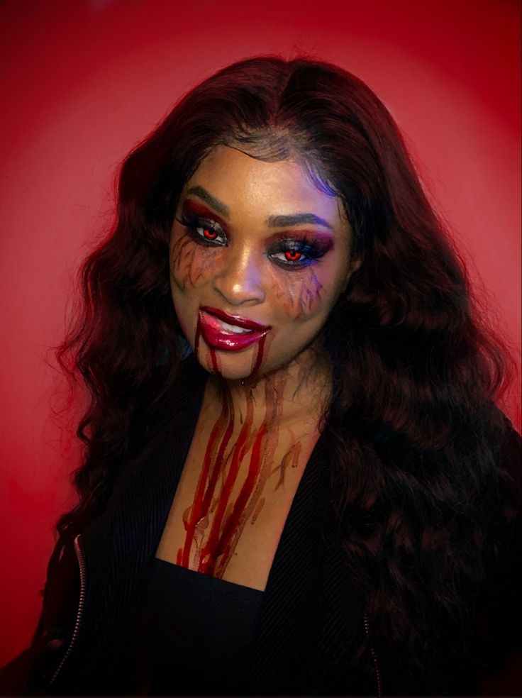 Black girl Halloween, black girl vampire, black girl Halloween makeup, black girl Halloween hair Girls Vampire Makeup, Vampire Face Makeup, Vampire Diaries Halloween Costume, Girl Vampire Makeup, Vampire Diaries Halloween, Black Vampires, Halloween Costume And Makeup, Bout Makeup, Vampire Halloween Makeup