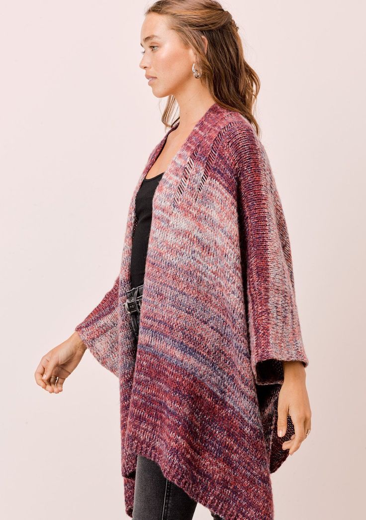 This soft, oversize poncho cardigan in a beautiful space-dye is the perfect sweater to transition to cooler weather. Featuring an oversize, easy silhouette, an open front, and cool open-knit details. A cozy bohemian style that pairs effortlessly with jeans. FINAL SALE Space dyed Oversized, relaxed fit Hip length Side vents Open front Distressed details Model is 5'8, wearing a size S.Style: I-50830K-QRJ Multicolor Open Knit Outerwear For Fall, Oversized Open Knit Poncho For Fall, Bohemian One Size Chunky Knit Cardigan, Oversized Bohemian Knit Sweater Coat, Cozy Multicolor Sweater Coat For Layering, Oversized Bohemian Sweater With Batwing Sleeves, Bohemian One-size Soft Knit Sweater, Casual Pink Poncho For Fall, Oversized Open Knit Bohemian Outerwear