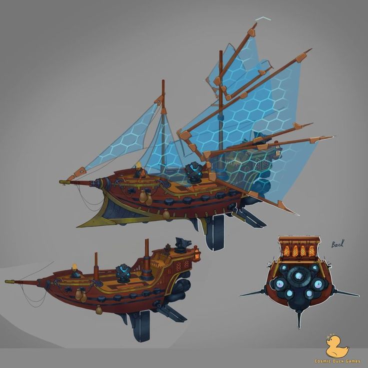 three ships are shown in different positions on the same side, one is blue and one is brown