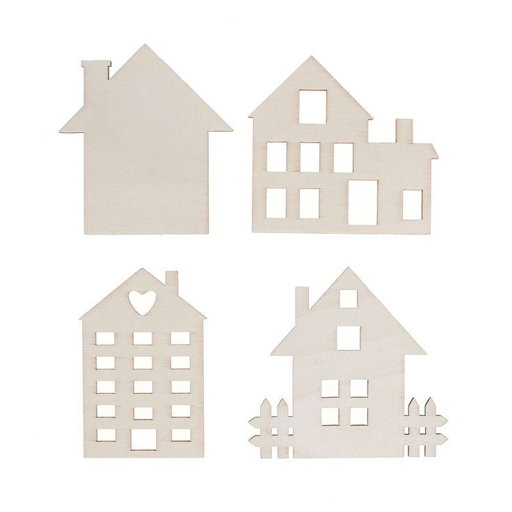 four cutouts of houses with hearts on them