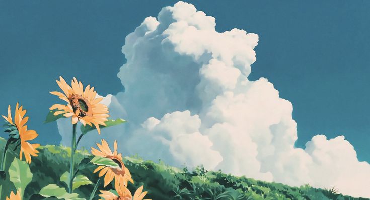 a painting of sunflowers on a hill with clouds in the sky behind them