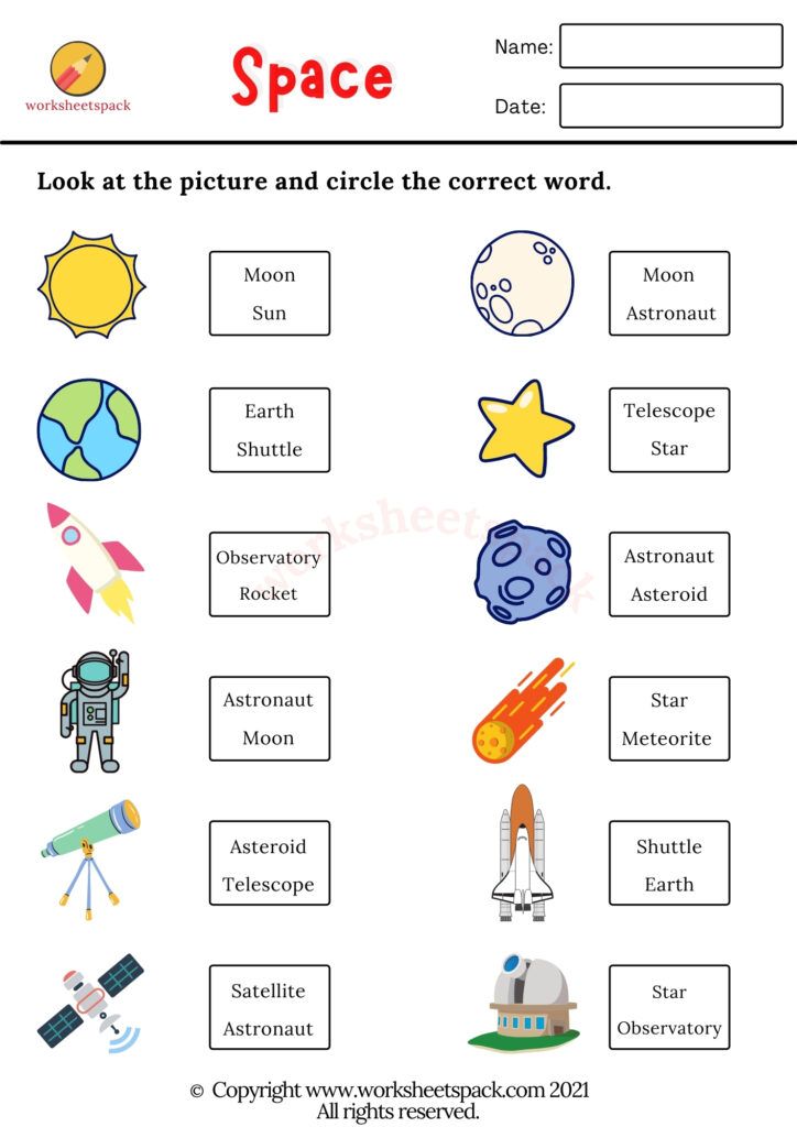 space worksheet with pictures and words for kids to learn in english or spanish