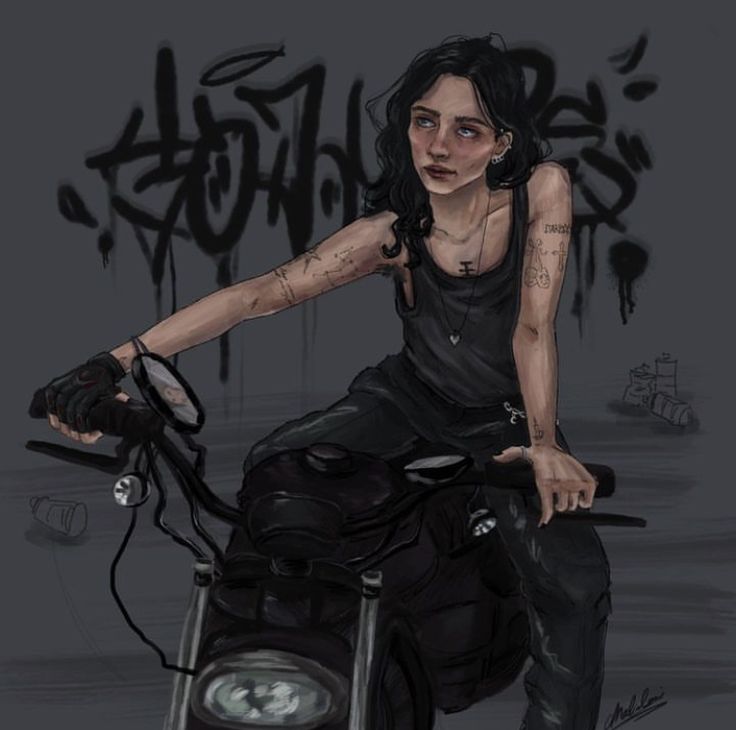 a drawing of a woman on a motorcycle