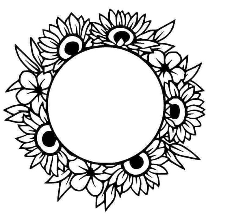 a black and white drawing of sunflowers with an empty circle in the middle