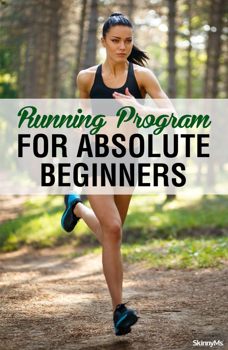 a woman running in the woods with text overlay that reads, running program for absolute beginners