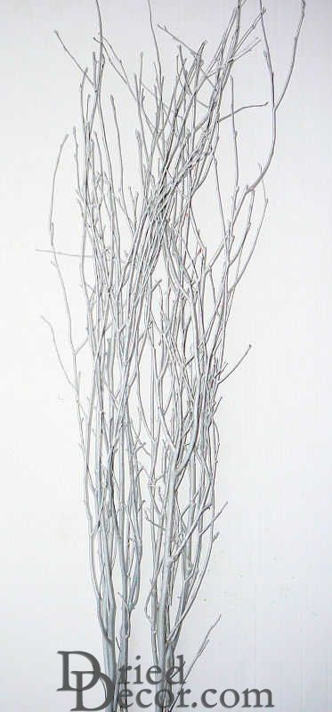 a vase filled with branches on top of a wooden table next to a white wall