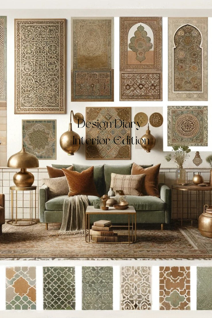 a living room filled with lots of different types of wall hangings and rugs