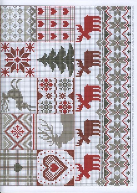 a cross stitch pattern with red and green designs on the bottom, in grey and white