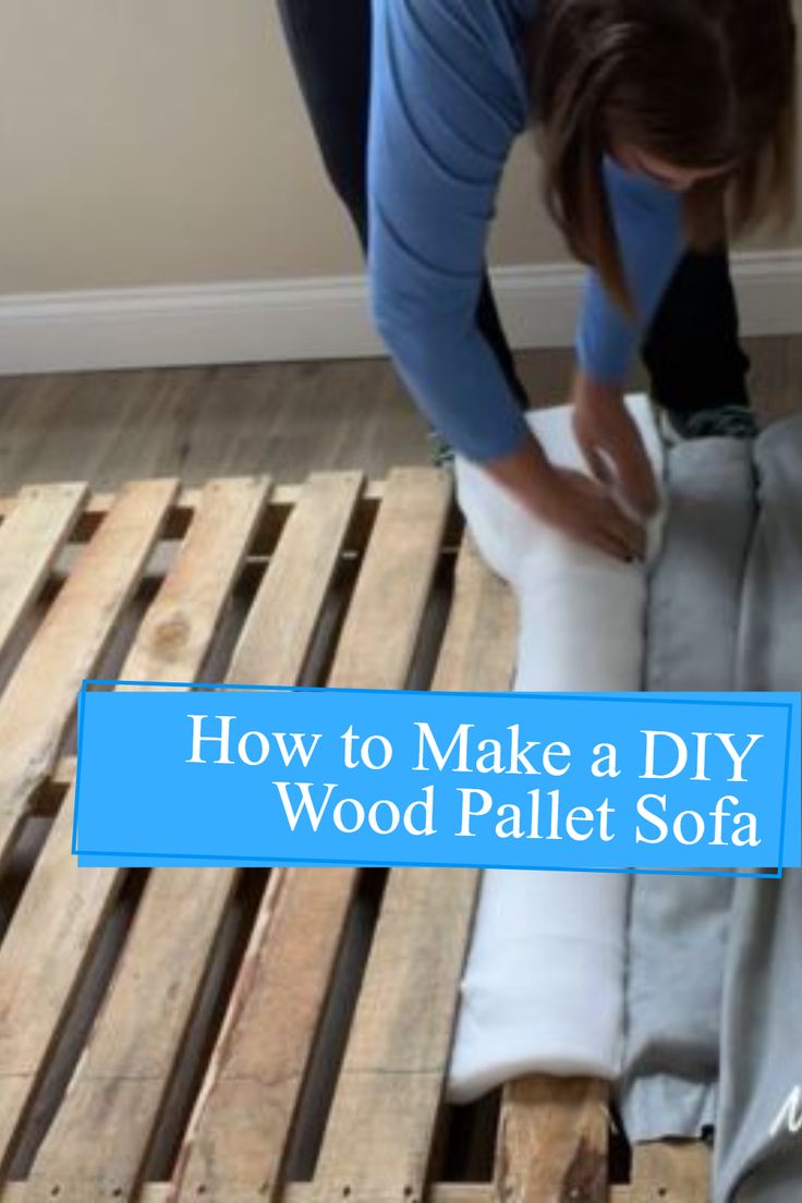 a woman is making a diy wood pallet sofa