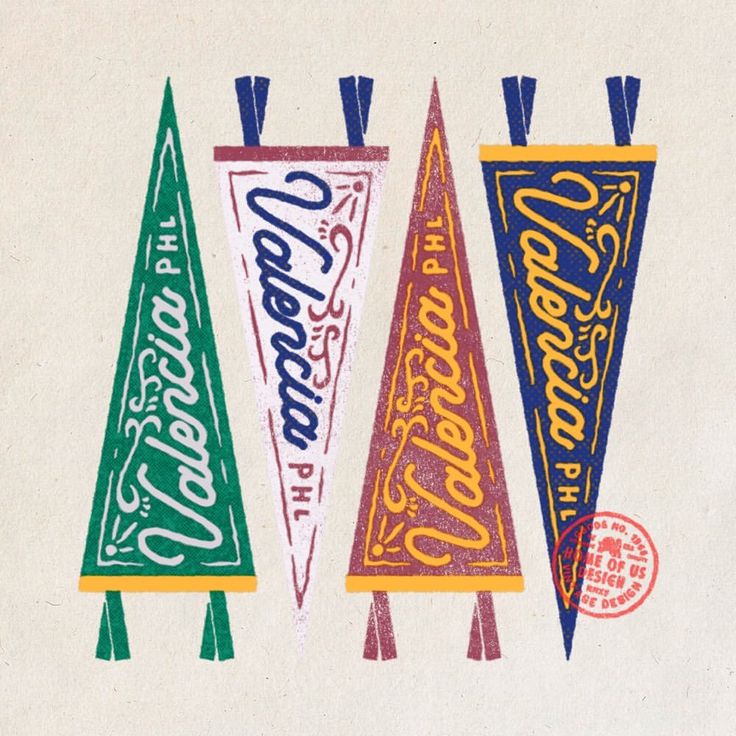 three pennants with the words coca - cola on them are shown in different colors