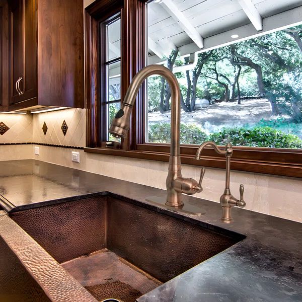 a kitchen sink sitting under a window next to a counter top with a faucet