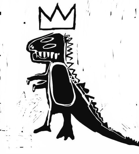 a black and white drawing of a dinosaur with a crown on it's head