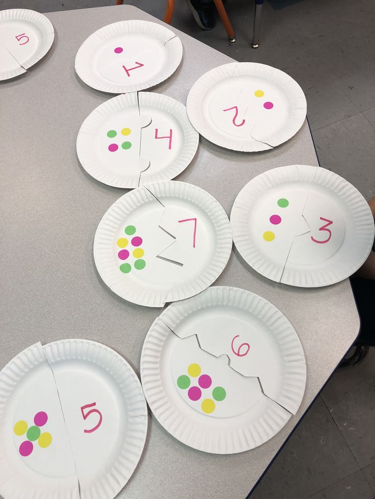 paper plates with numbers on them sitting on a table